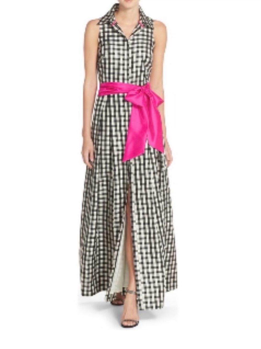 Eliza J Black-and-White Gingham Maxi Dress with Hot Pink Sash